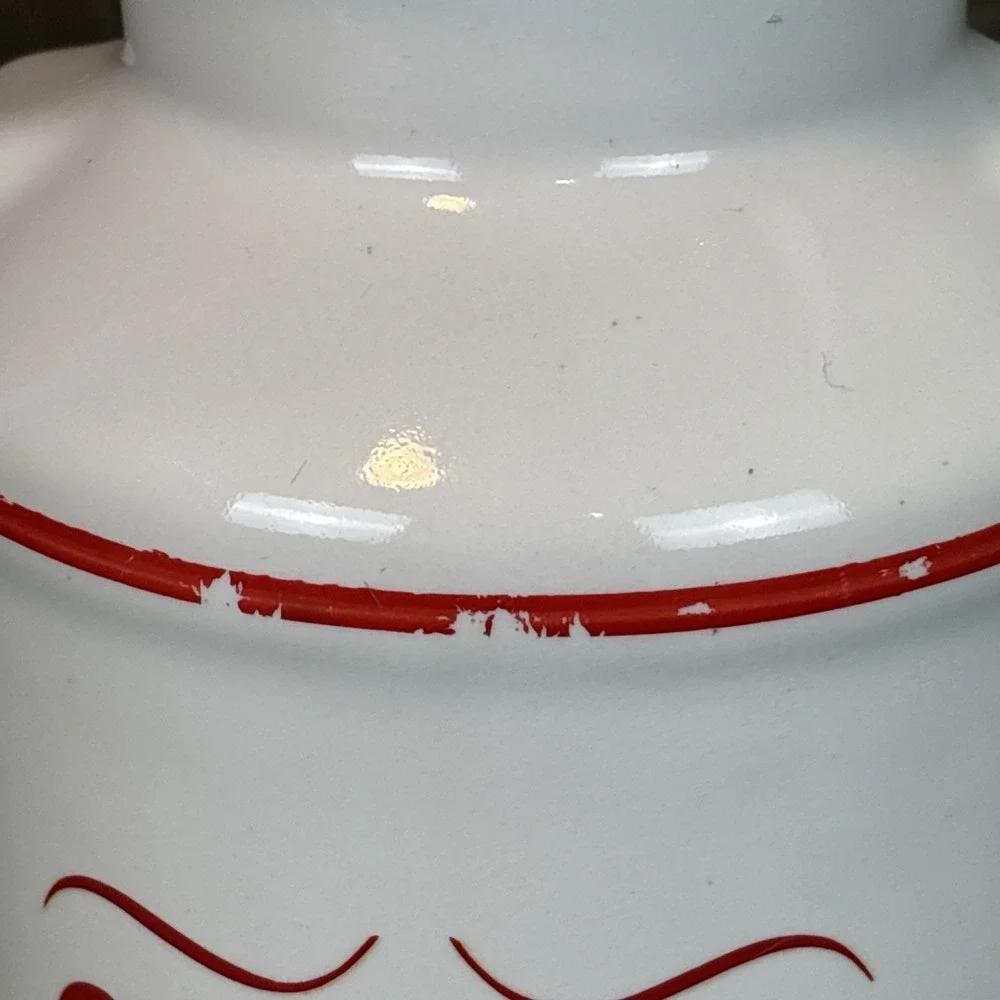 Vintage White‎ Ceramic Cream Canister Jar w Lid Red Lettering Farmhouse